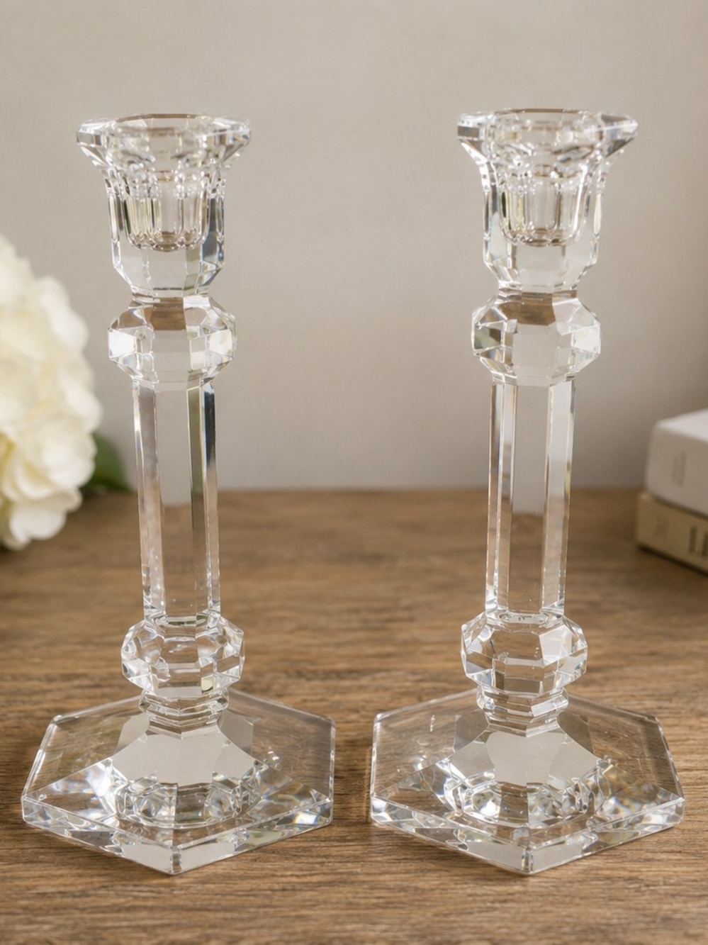 Vintage Faceted Crystal Candlesticks Pair 7" Tall Hexagon Base Clear Glass